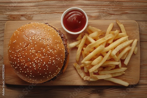 Top view of a burger with fries sauce Generative AI