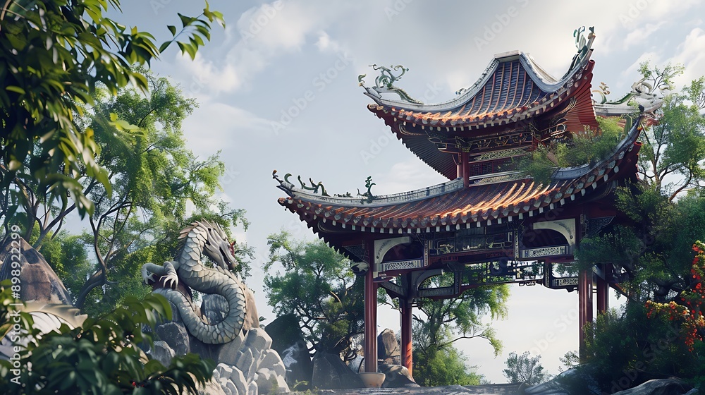 Chinese pagoda with curved roofs and sculpted dragons Chinese pagoda with curved roofs and sculpted dragons