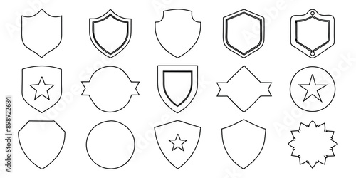 Beautiful assortment of shields with line silhouettes. Line badges form label collections in soccer, law enforcement, the military, and other domains. 
