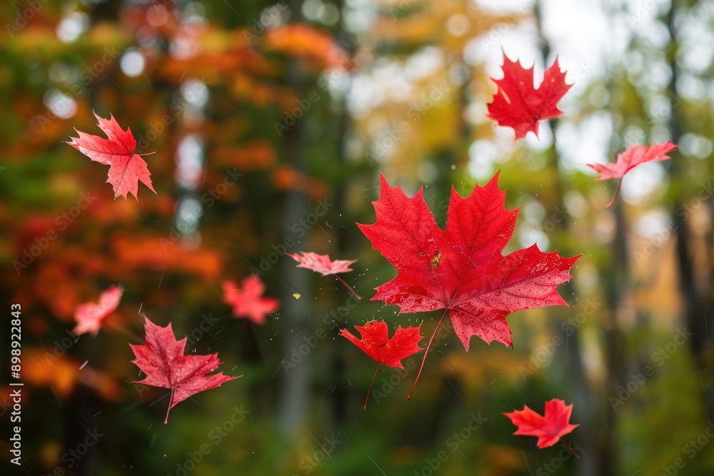A bunch of red leaves in motion, suspended in the air A bunch of red leaves in motion, suspended in the air