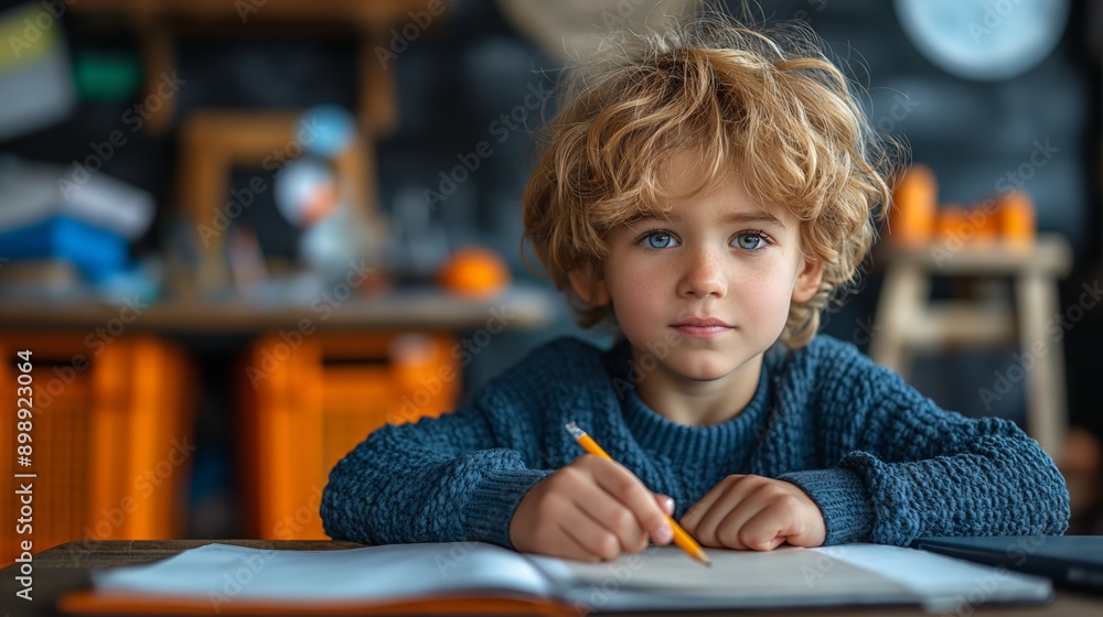 Young Boy Concentrating on Homework, Ideal for Education and Academic Content Young Boy Concentrating on Homework, Ideal for Education and Academic Content