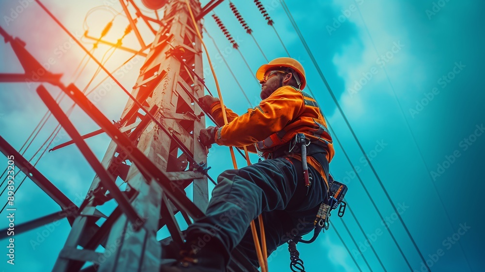 Obraz premium A skilled worker climbs a power pole in bright safety gear. This captures essential utility maintenance work, showcasing dedication and safety in crucial roles.