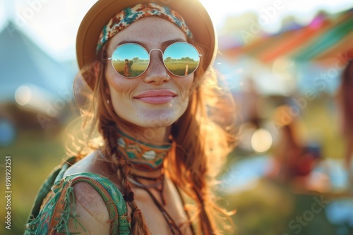 Photorealistic beautiful hippie woman at a music festival Generative AI