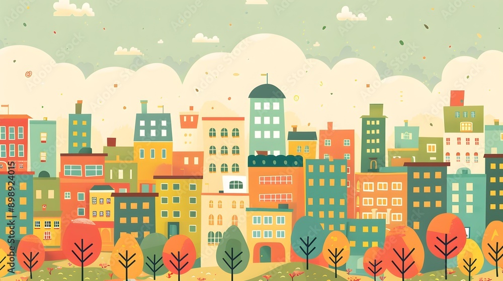Colorful Cityscape with Autumn Trees Illustration Colorful Cityscape with Autumn Trees Illustration