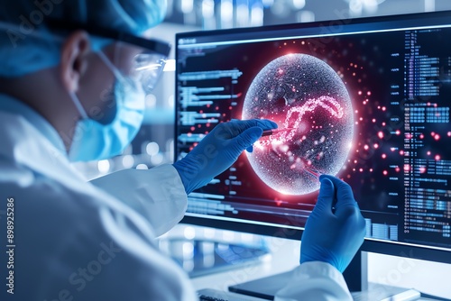Scientist in protective gear analyzing data on computer screen.