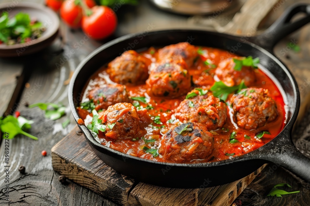 meatballs in tomato sauce in a frying pan Generative AI meatballs in tomato sauce in a frying pan Generative AI