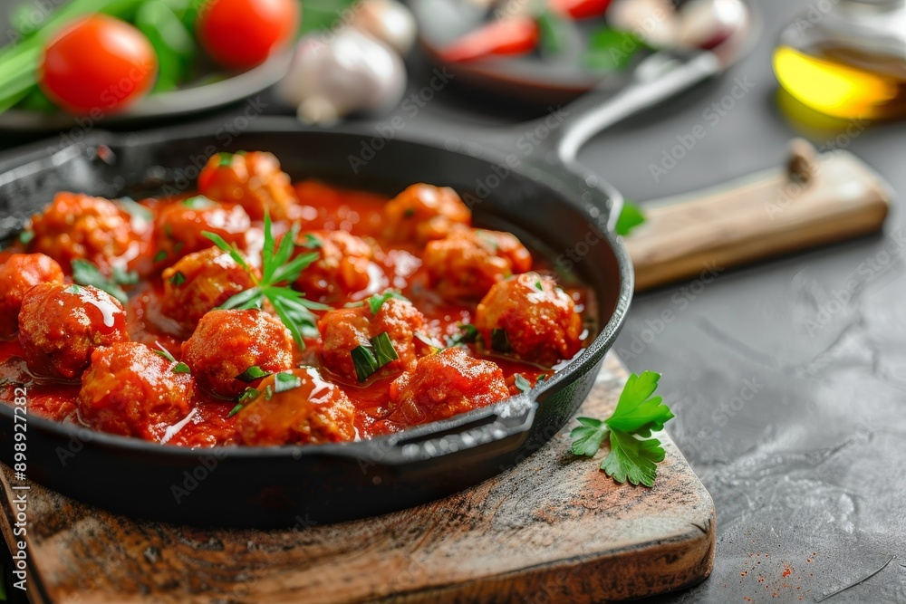 meatballs in tomato sauce in a frying pan Generative AI meatballs in tomato sauce in a frying pan Generative AI