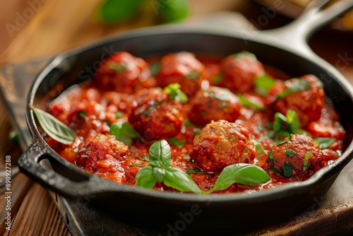 meatballs in tomato sauce in a frying pan Generative AI