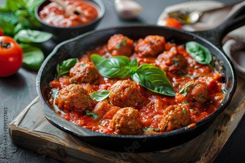 meatballs in tomato sauce in a frying pan Generative AI