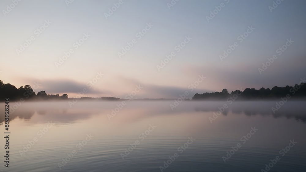 Fototapeta premium Serene Lake at Dawn with Misty Morning Reflections and Tranquil Water