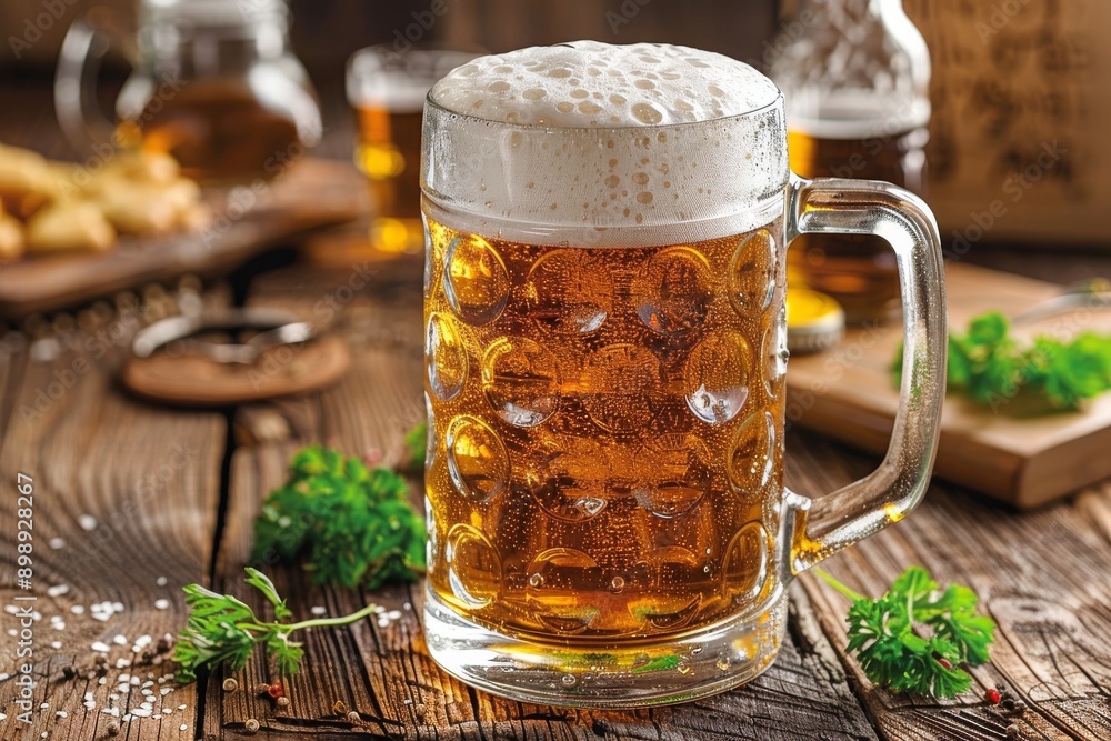 Mug of frothy beer on a wooden table symbolizing refreshment relaxation and tradition in a cozy pub setting Mug of frothy beer on a wooden table symbolizing refreshment relaxation and tradition in a cozy pub setting