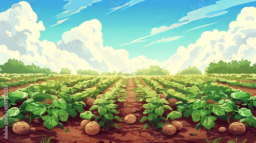 Digital illustration of potato field showing rows of lush green plants and ripe potatoes beneath bright, partly cloudy sky. Concept of agriculture, farming, crop cultivation, rural landscape photo