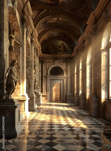 Marble Hallway with Statues and Checkerboard Floor photo