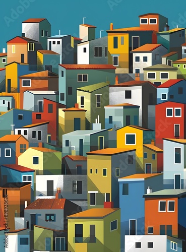 Colorful Illustration of a Town with Many Houses © Adobe Contributor