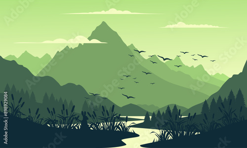 Vector green mountain landscape with clean sky, calm river, birds flying and pine trees silhouettes