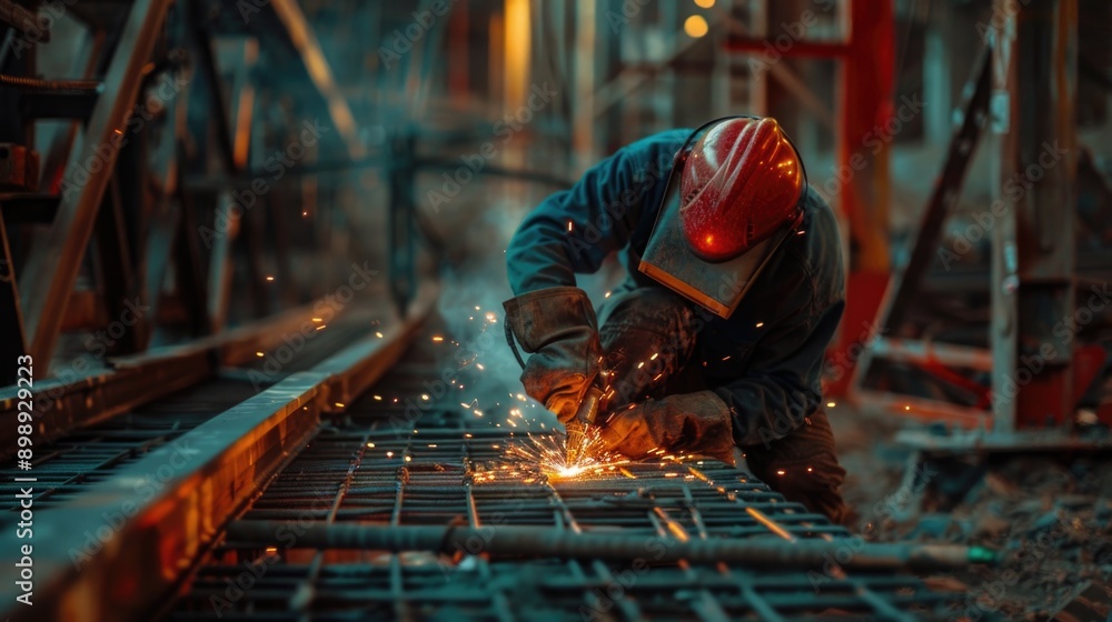 A person wearing a bright red helmet welds metal A person wearing a bright red helmet welds metal