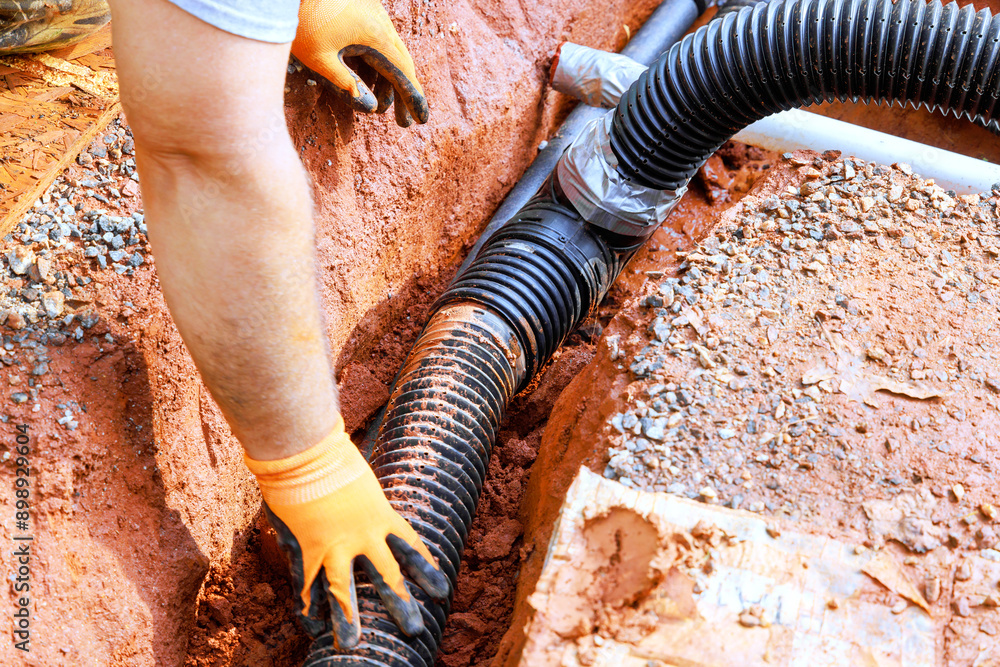 In underground trench, drainage pipes are laid assembled to channel ...