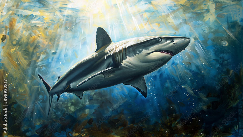 Fototapeta premium Ocean’s Apex: Profile View of a Swimming Shark