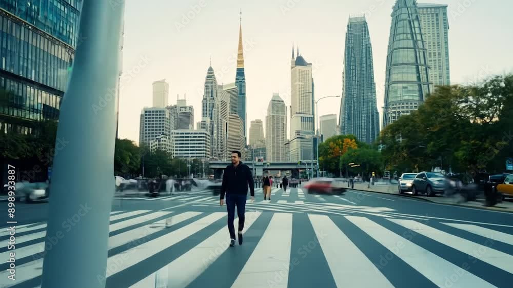 Busy City Street Crosswalk with Skyscrapers in Background. Busy City Street Crosswalk with Skyscrapers in Background.
