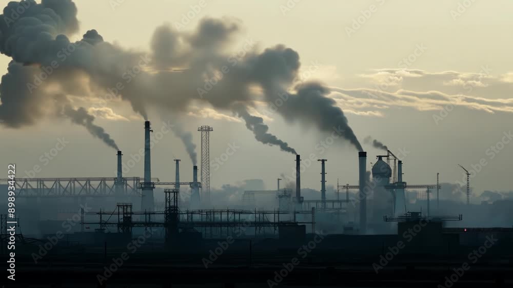 Industrial pollution in slow motion highlighting environmental impact for eco-themed videos. Industrial pollution in slow motion highlighting environmental impact for eco-themed videos.
