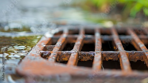 Street storm drain drainage system. Background with selective focus and copy space