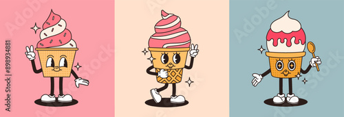 Set of cartoon food characters in retro style. Ice cream, cupcake, sweets. Flat vector illustration.
