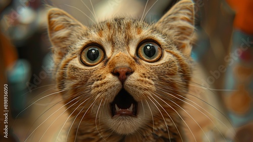 Portrait of a surprised tabby cat opening its mouth wide and staring with big eyes