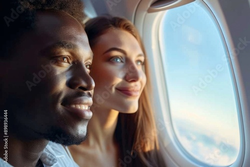 Joyful Interracial Couple Enjoying a View from Airplane Window on a Honeymoon Flight to a Resort, Black Man and White Woman Experiencing a Romantic Journey Together. photo