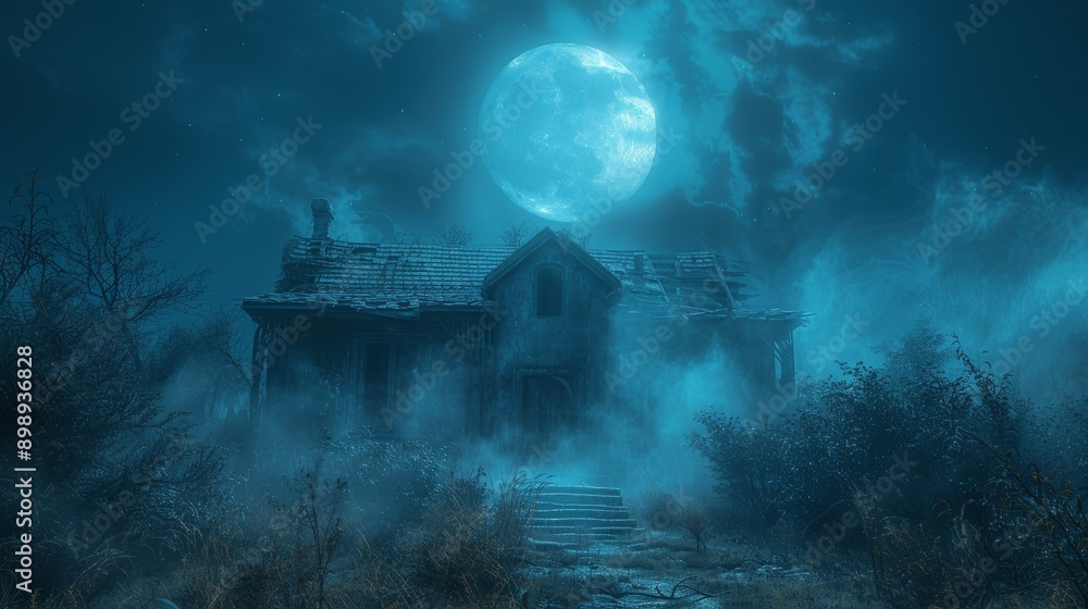 Abandoned house is shrouded in fog on a moonlit night, creating a spooky and mysterious atmosphere Abandoned house is shrouded in fog on a moonlit night, creating a spooky and mysterious atmosphere