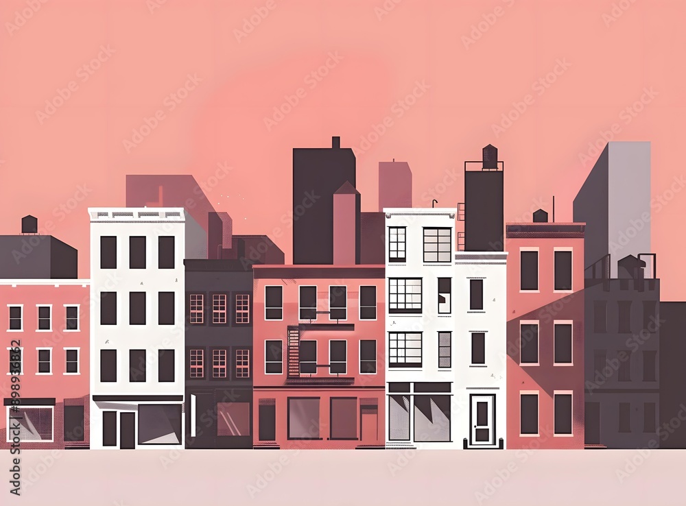 Cityscape with Row of Buildings in Flat Style Cityscape with Row of Buildings in Flat Style