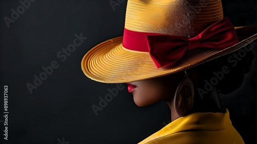 Close-up of a woman wearing a stylish yellow hat with a red bow, facing sidewards against a dark background. photo