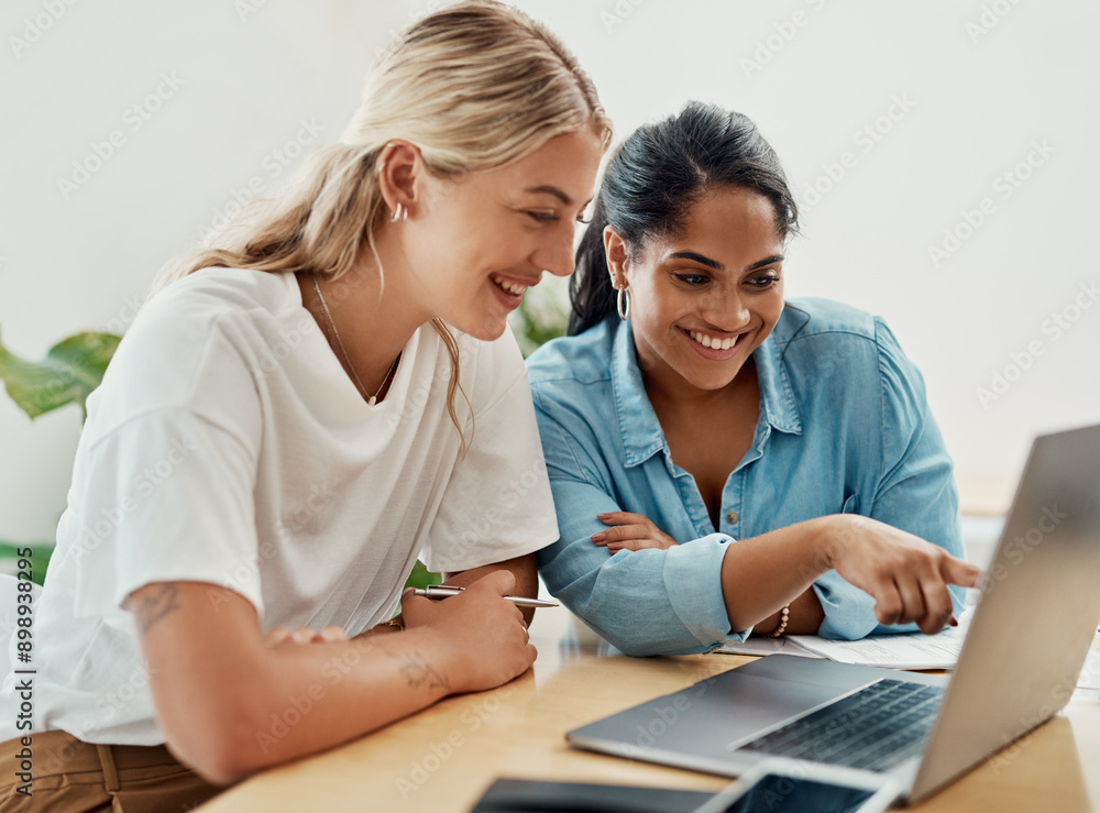 Business people, laptop and women with teamwork, connection and planning for startup, project and internet. Cooperation, coworkers and employees with computer, online reading and research for funding Business people, laptop and women with teamwork, connection and planning for startup, project and internet. Cooperation, coworkers and employees with computer, online reading and research for funding