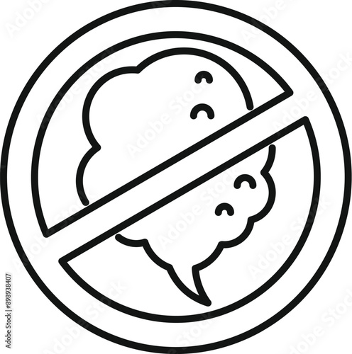Simple black and white icon of a fart cloud crossed out with a prohibition sign