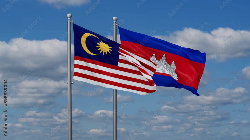 Cambodia and Malaysia flags flying together, video concept of the relationship, two country relations concept Cambodia and Malaysia flags flying together, video concept of the relationship, two country relations concept