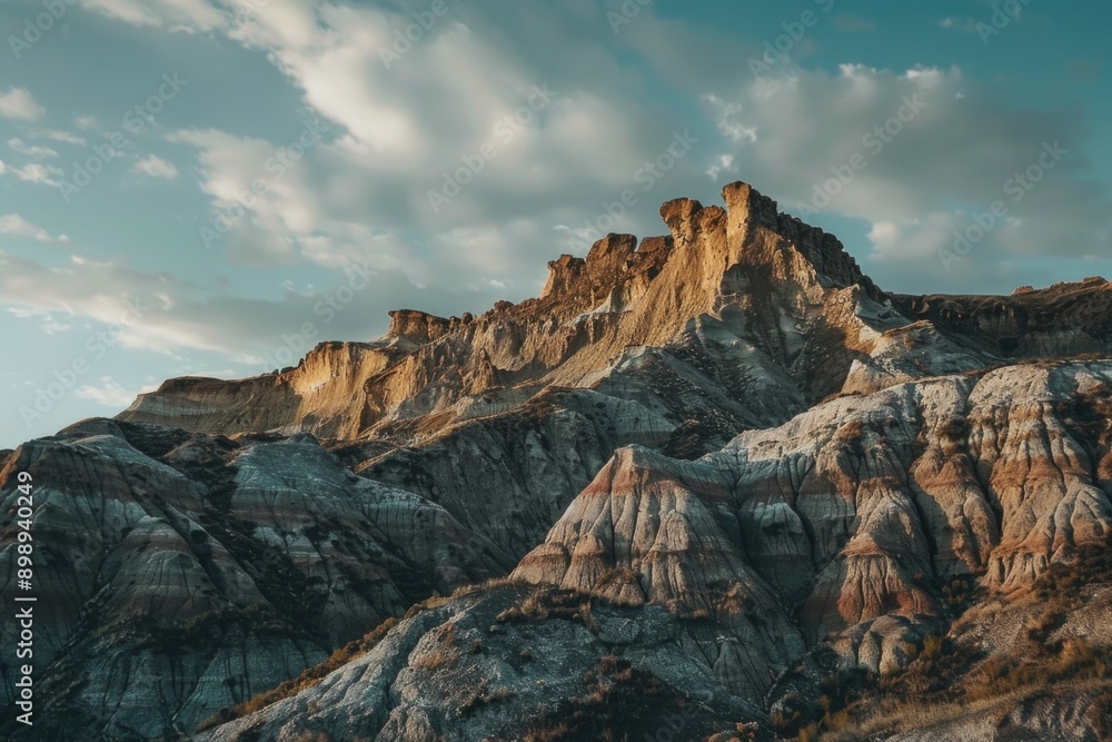 Fototapeta premium Mountain landscape with tall rock formations in the background, suitable for use as a backdrop or landscape image