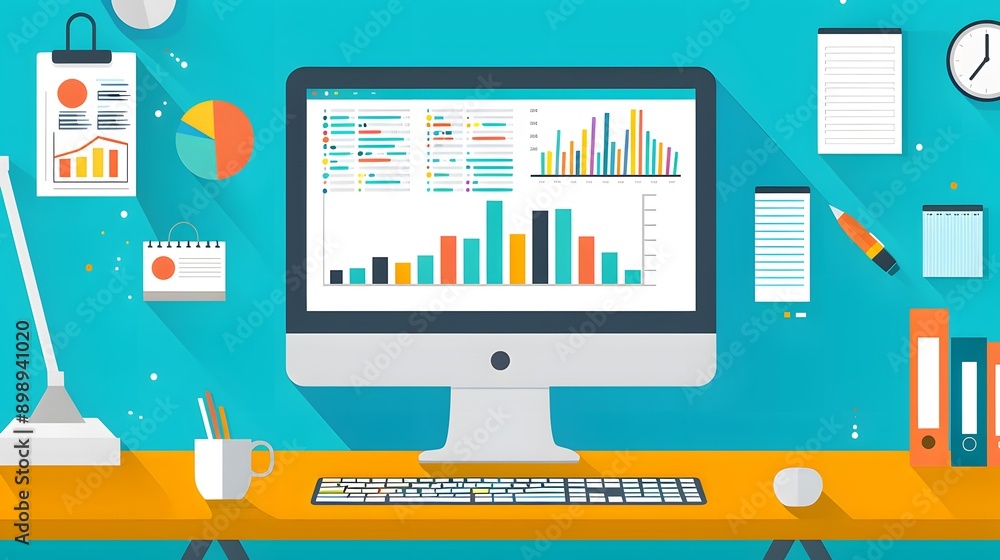 Flat Design Illustration of Business Analytics on a Computer Screen Flat Design Illustration of Business Analytics on a Computer Screen