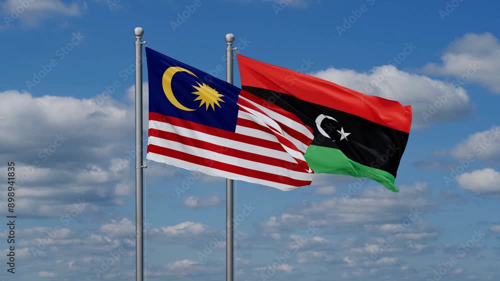 Libya and Malaysia flags flying together, video concept of the relationship, two country cooperation concept Libya and Malaysia flags flying together, video concept of the relationship, two country cooperation concept