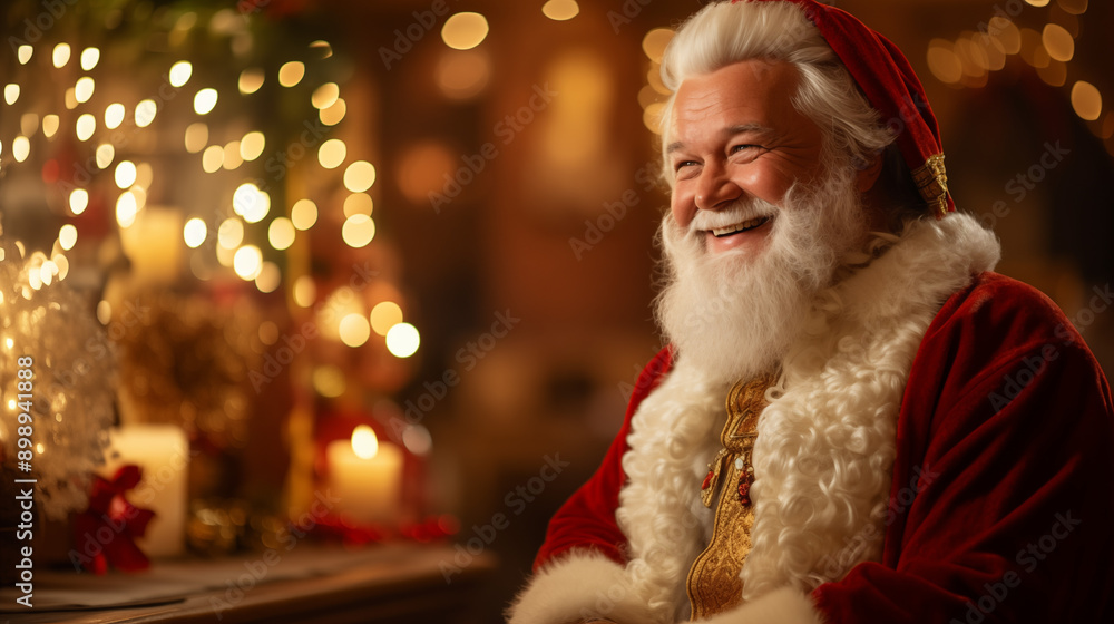 Santa Claus In Traditional Red Suit With Glowing Bokeh Lights Joyful Holiday Season Santa Hat White Beard Merry Expression Santa Claus In Traditional Red Suit With Glowing Bokeh Lights Joyful Holiday Season Santa Hat White Beard Merry Expression