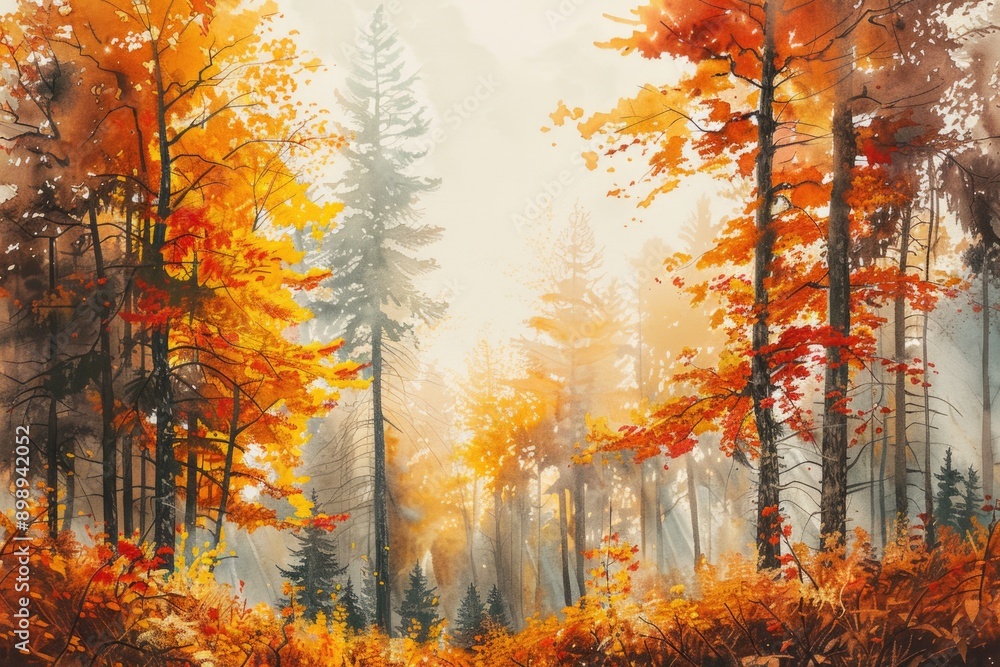 A serene forest scene with tall trees in the background
