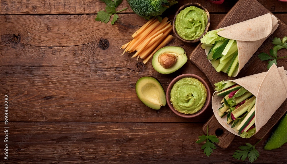 Flat lay of a healthy lunch spread with whole grain wraps, fresh veggie sticks, and a side o Flat lay of a healthy lunch spread with whole grain wraps, fresh veggie sticks, and a side o