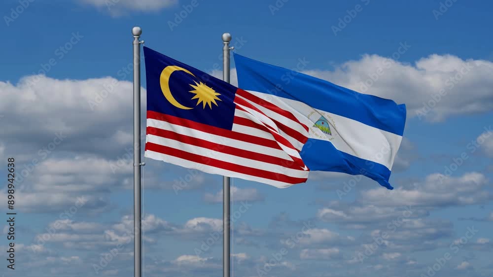 Nicaragua and Malaysia flags flying together, video concept of the relationship, two country relations concept Nicaragua and Malaysia flags flying together, video concept of the relationship, two country relations concept