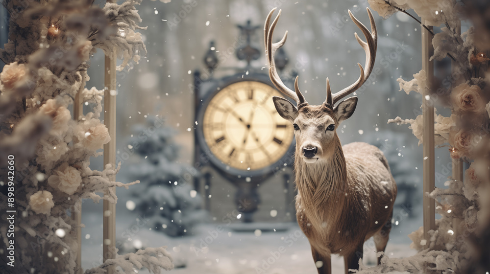 Majestic Deer in Snowy Forest with Antique Clock and Flowers Majestic Deer in Snowy Forest with Antique Clock and Flowers