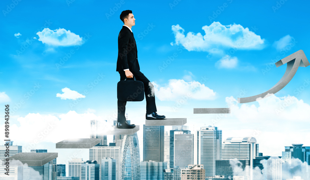 Business man climb up stair steps to career success with business district and horizon skyline as background. Concept of business goal success, growth of career path and starting up new business. uds Business man climb up stair steps to career success with business district and horizon skyline as background. Concept of business goal success, growth of career path and starting up new business. uds