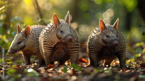 three small brown and white animals walking through a forest