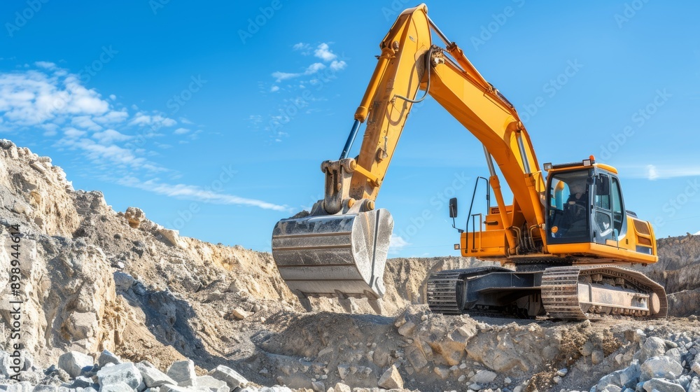 Excavator in a quarry. Background with selective focus and copy space Excavator in a quarry. Background with selective focus and copy space