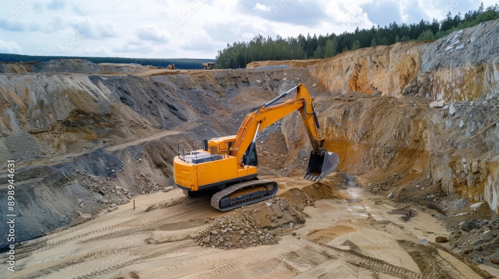 Excavator in a quarry. Background with selective focus and copy space Excavator in a quarry. Background with selective focus and copy space
