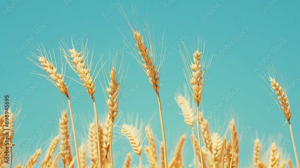 Golden wheat field under a clear blue sky. Concept of agriculture, farming, rural landscape, and nature.. Copy space Golden wheat field under a clear blue sky. Concept of agriculture, farming, rural landscape, and nature.. Copy space