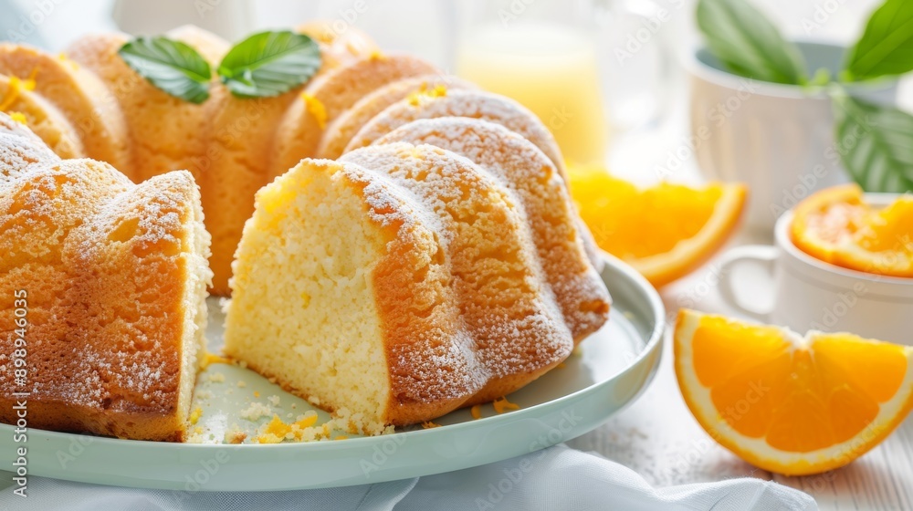 A slice of orange cake with a green leaf on top A slice of orange cake with a green leaf on top