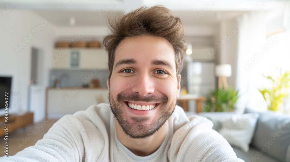 A man with a big smile on his face is taking a selfie in a living room A man with a big smile on his face is taking a selfie in a living room