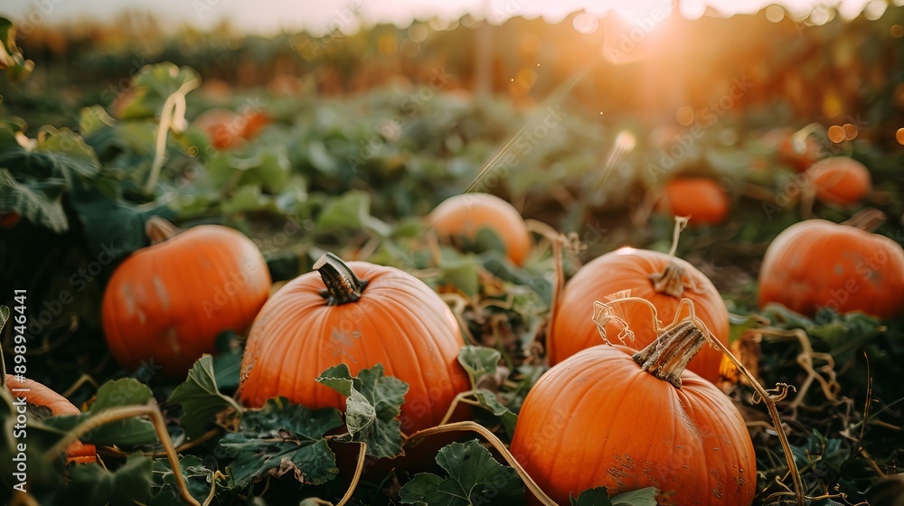 Vibrant Pumpkin Field with Large Orange Pumpkins in a Lush Greenery. Concept of Harvest Season, Autumn, Agriculture, Vegetables Vibrant Pumpkin Field with Large Orange Pumpkins in a Lush Greenery. Concept of Harvest Season, Autumn, Agriculture, Vegetables